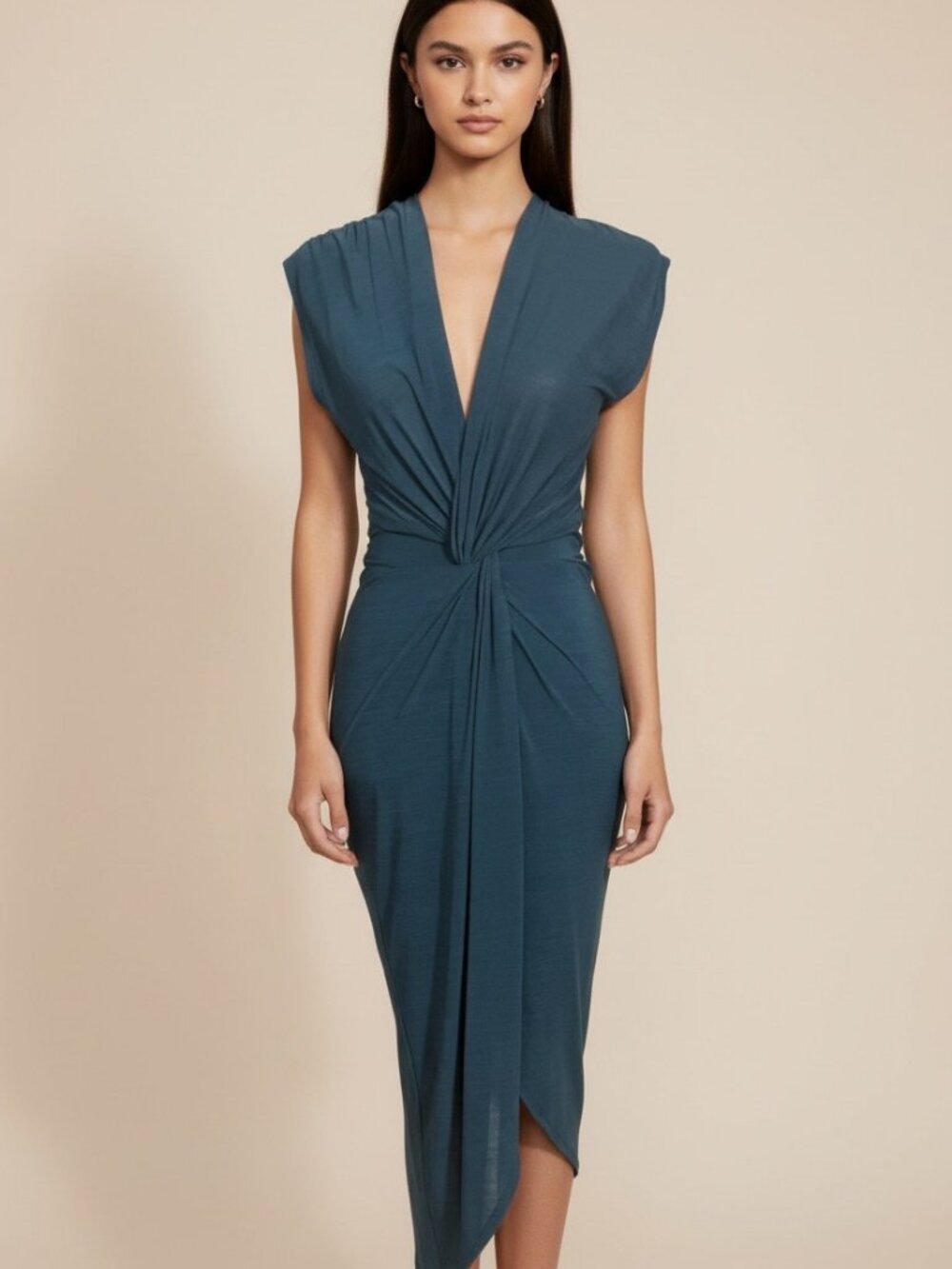 Sheike Teal Green Twist Front Midi Dress Size 6 Fitted Sleeveless Formal Wrap